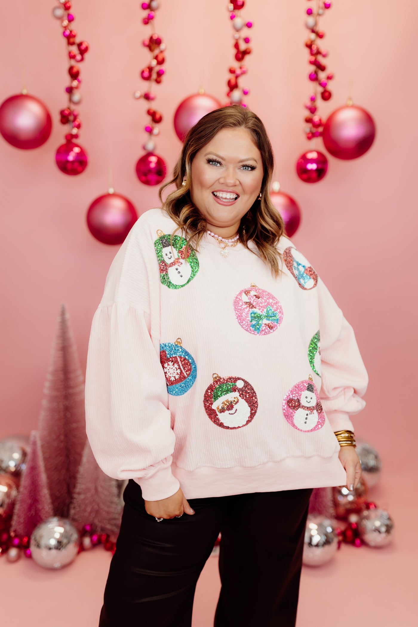 Pink Corduroy Sequin Embroidered Ornaments Sweater