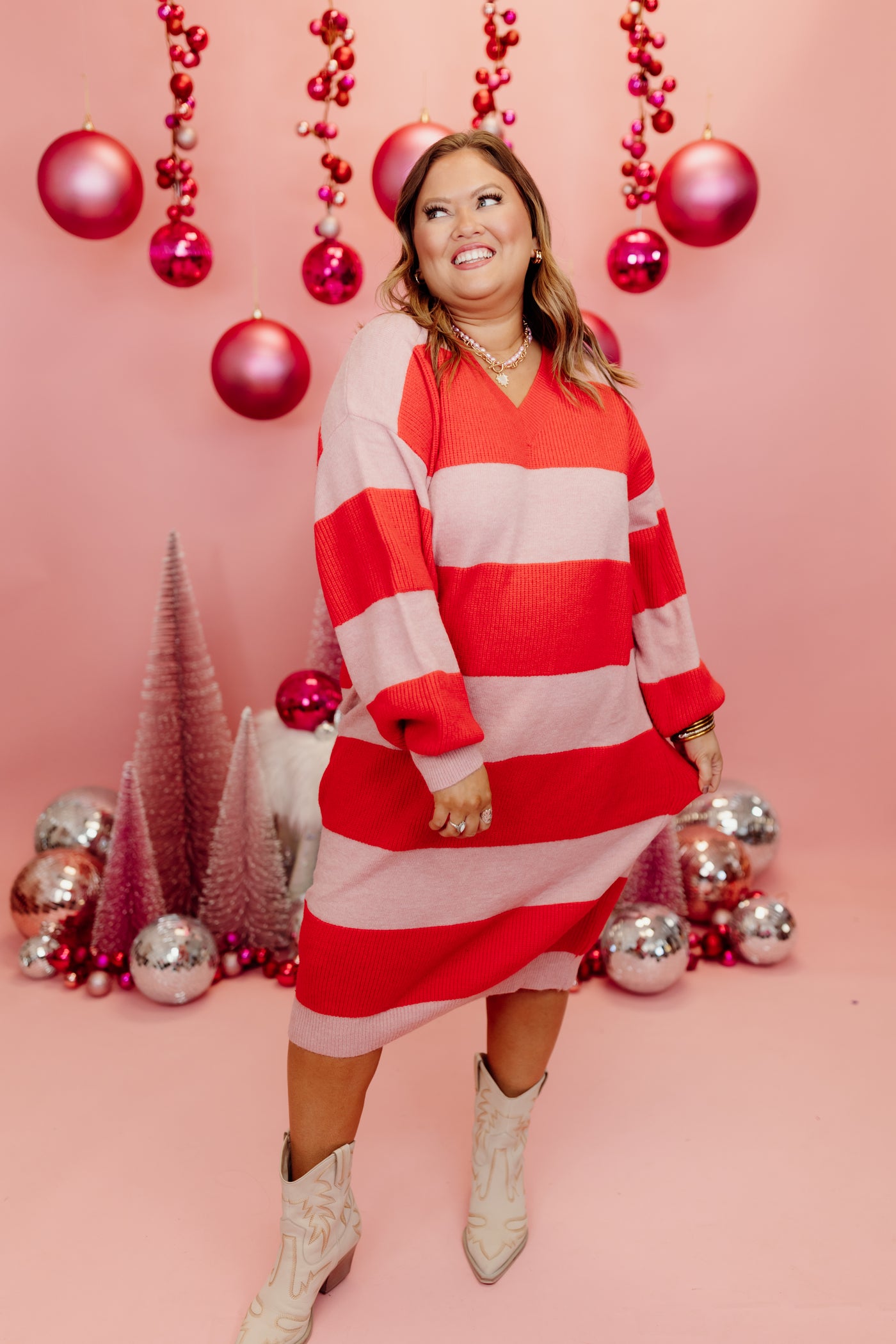 Red and Pink Striped V-Neck Long Sleeve Midi Dress