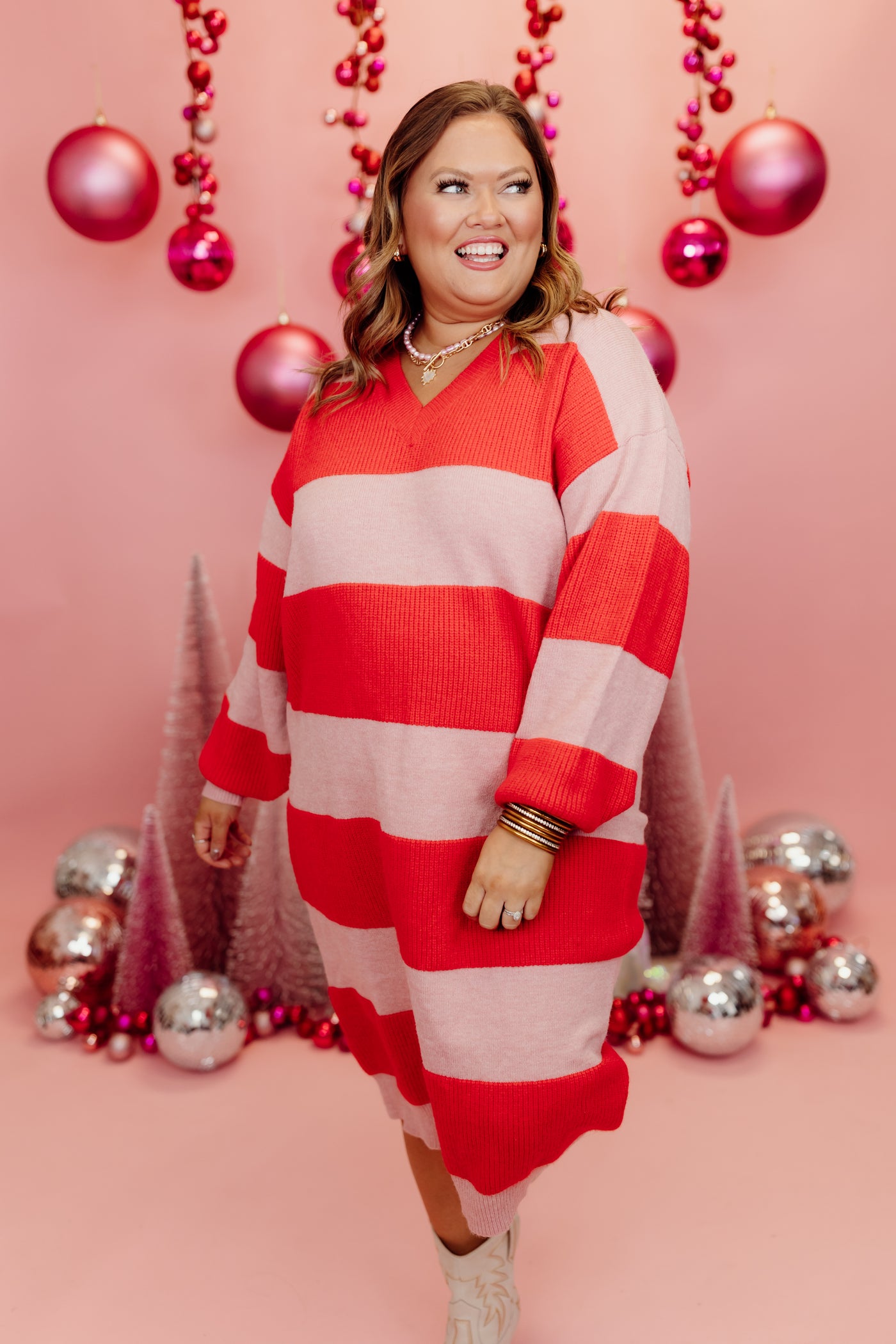 Red and Pink Striped V-Neck Long Sleeve Midi Dress