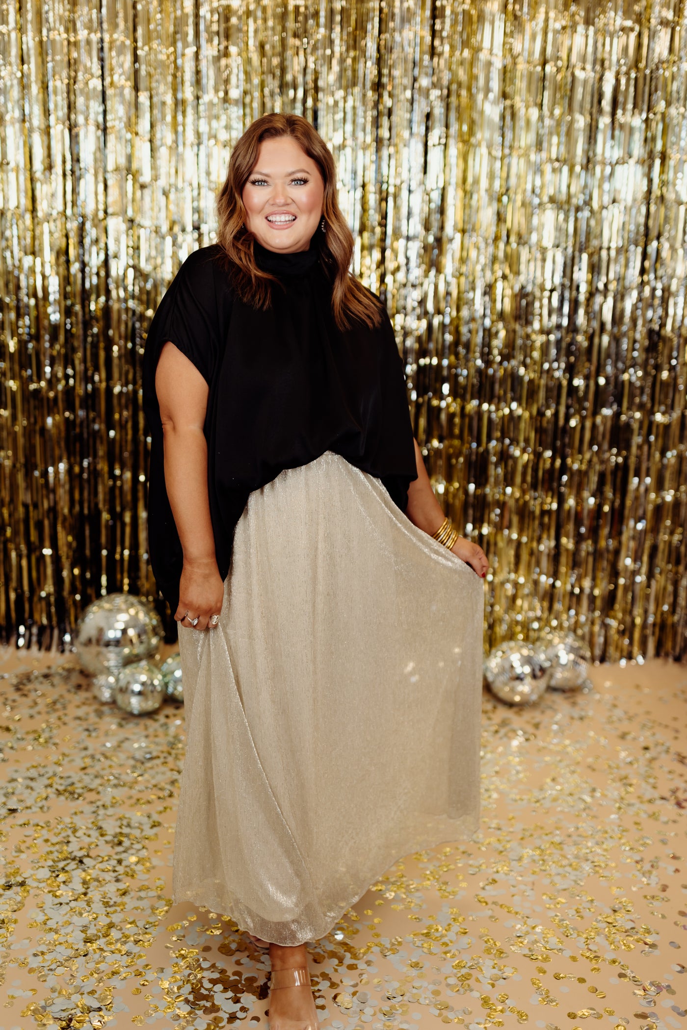 Gold Elastic Waist Sparkle Maxi Skirt