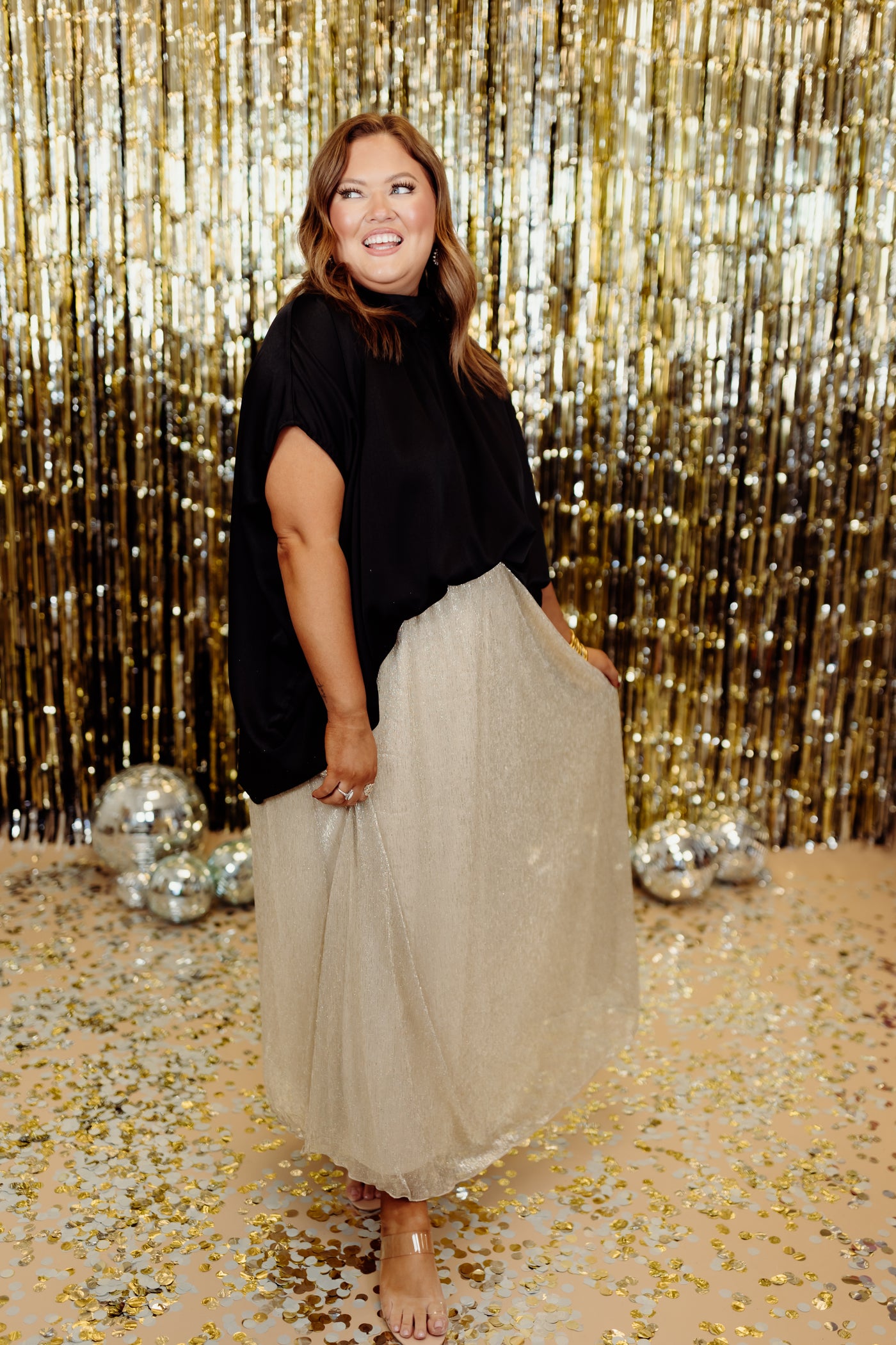 Gold Elastic Waist Sparkle Maxi Skirt