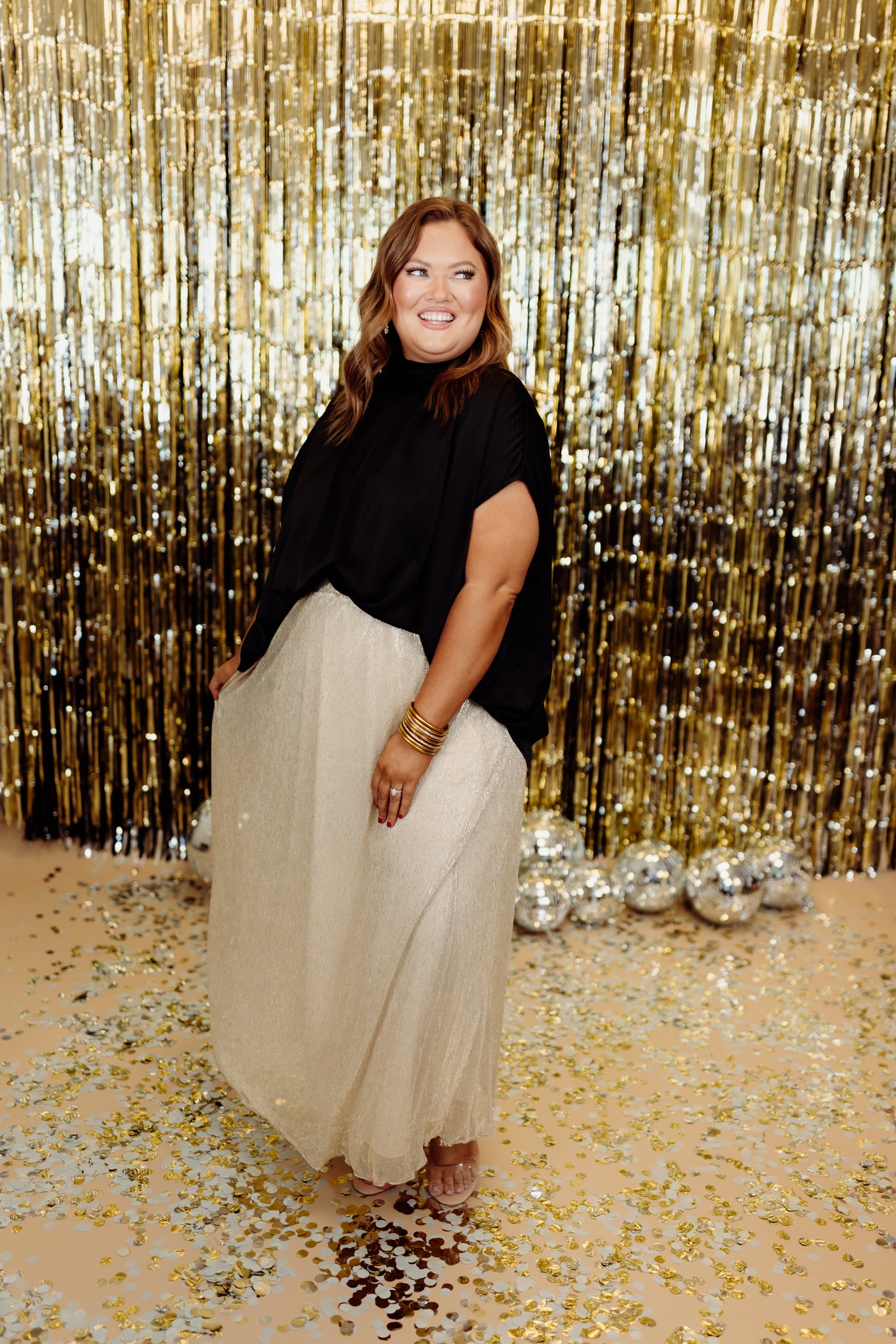 Gold Elastic Waist Sparkle Maxi Skirt