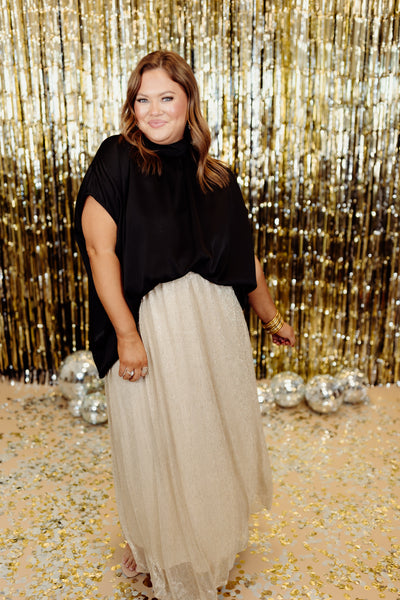 Gold Elastic Waist Sparkle Maxi Skirt