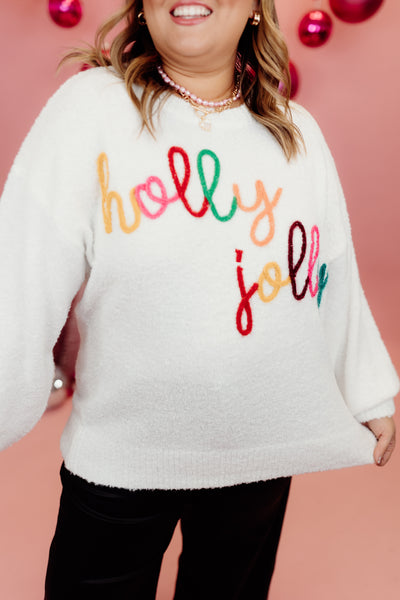 Off White Thread Embroidered Holly Jolly Sweater