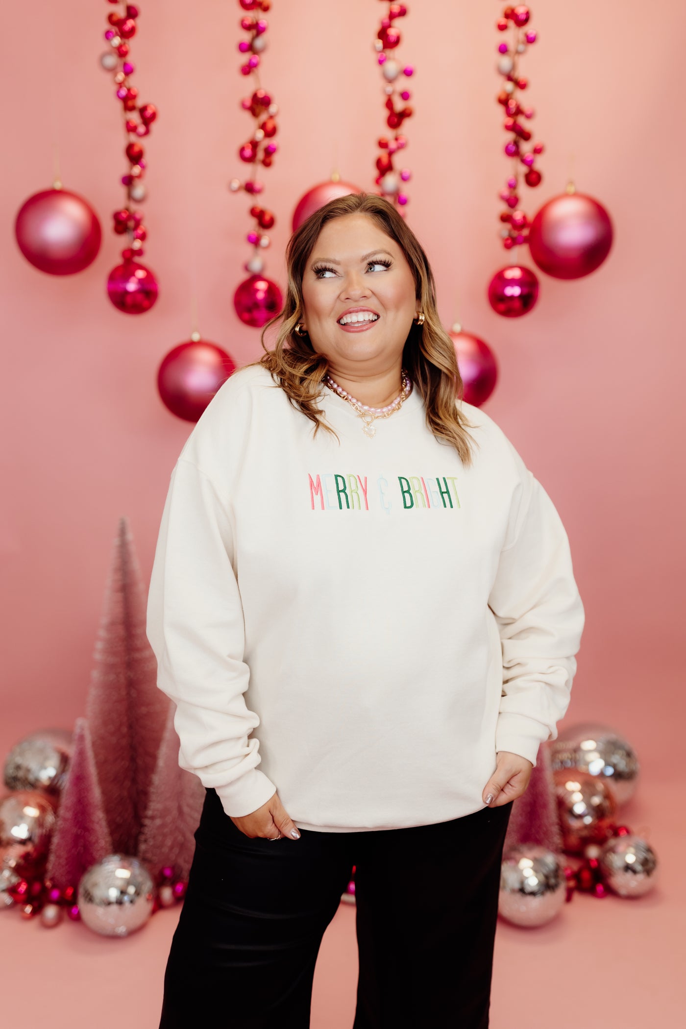 Sweet Cream Embroidered Merry & Bright Sweatshirt