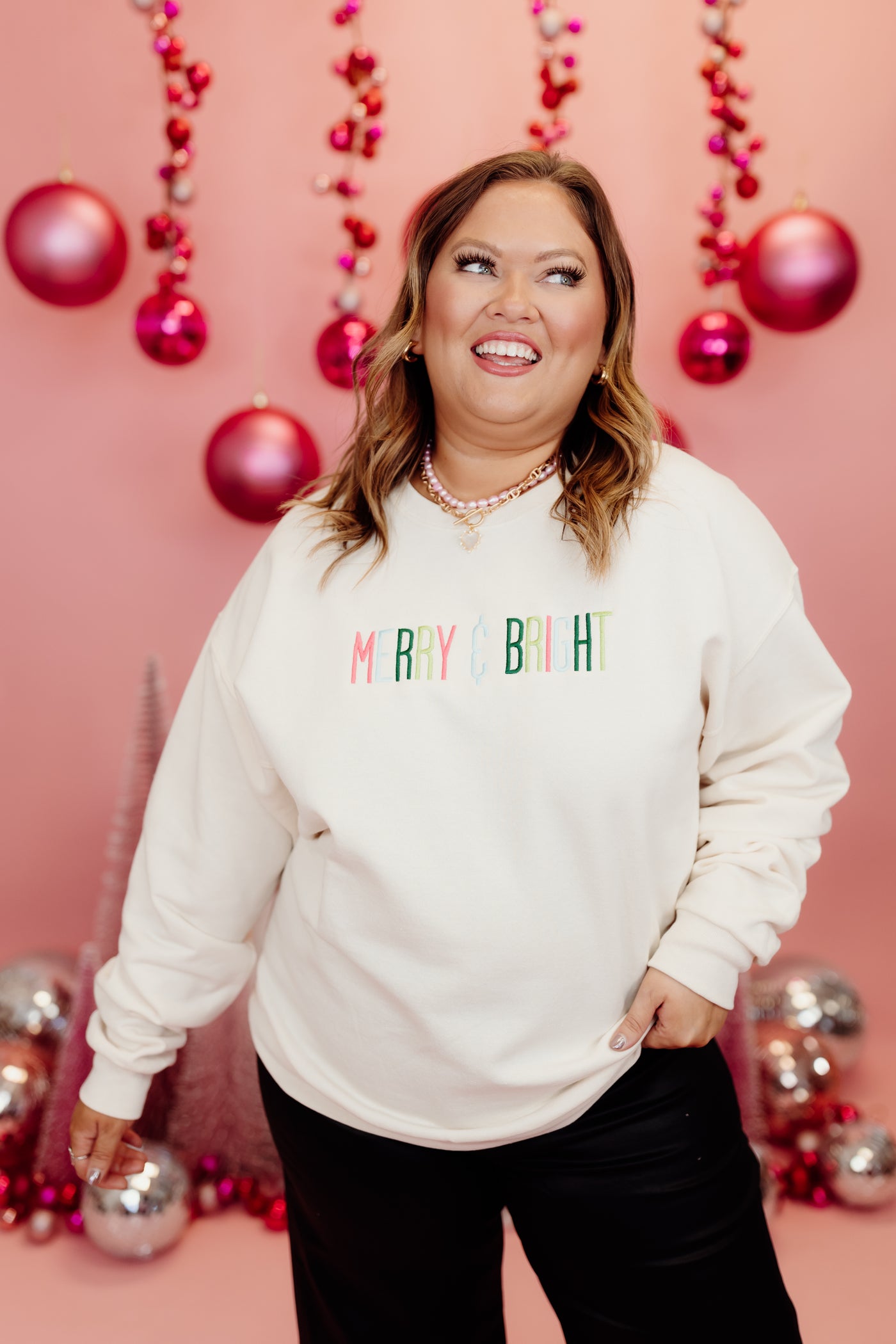 Sweet Cream Embroidered Merry & Bright Sweatshirt