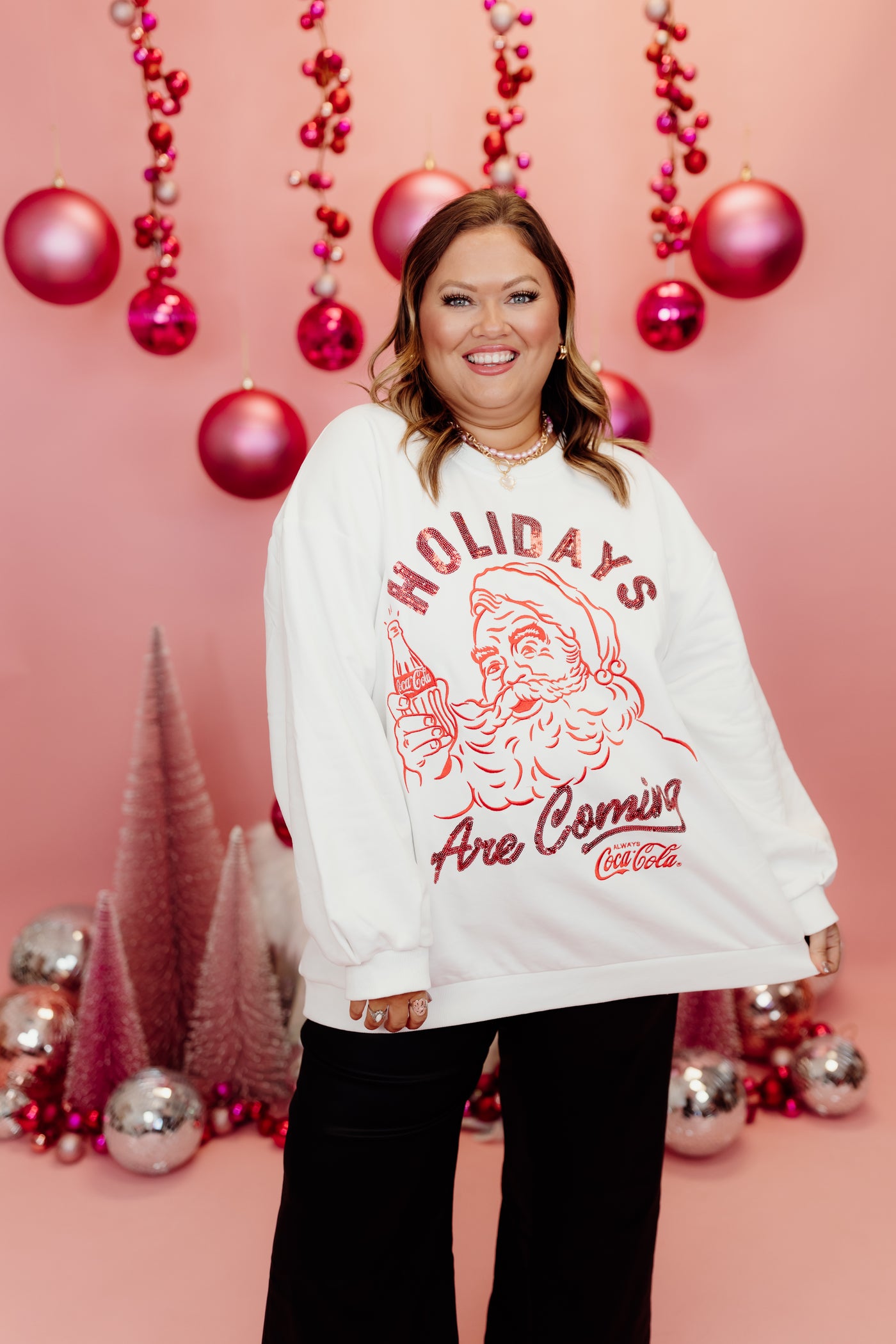 Queen of Sparkles White & Red Holidays Are Coming Santa Coca-Cola Sweatshirt