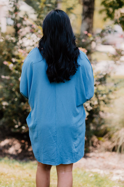 Denim Textured Smocked Sleeve Shift Dress