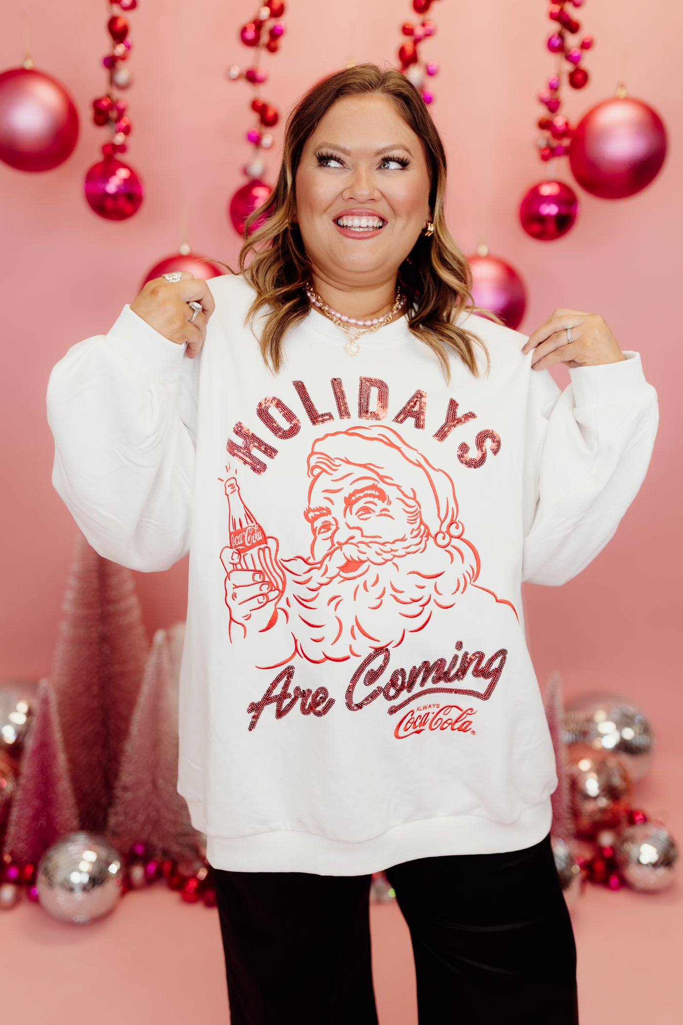 Queen of Sparkles White & Red Holidays Are Coming Santa Coca-Cola Sweatshirt