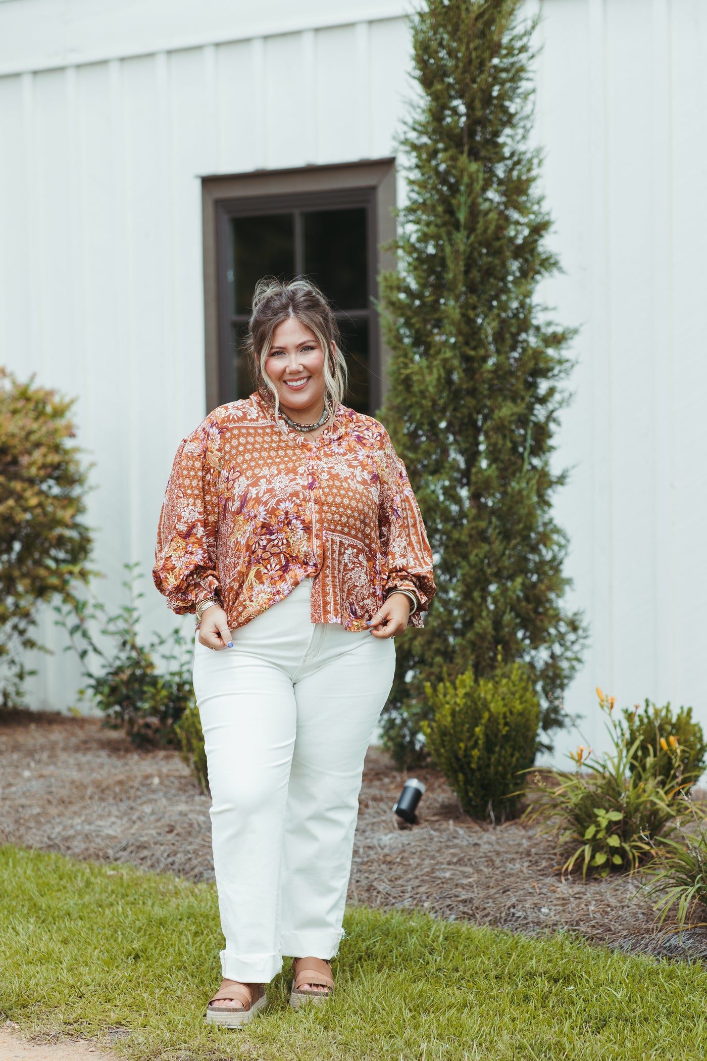 Brown Multi Printed Button Down Blouse