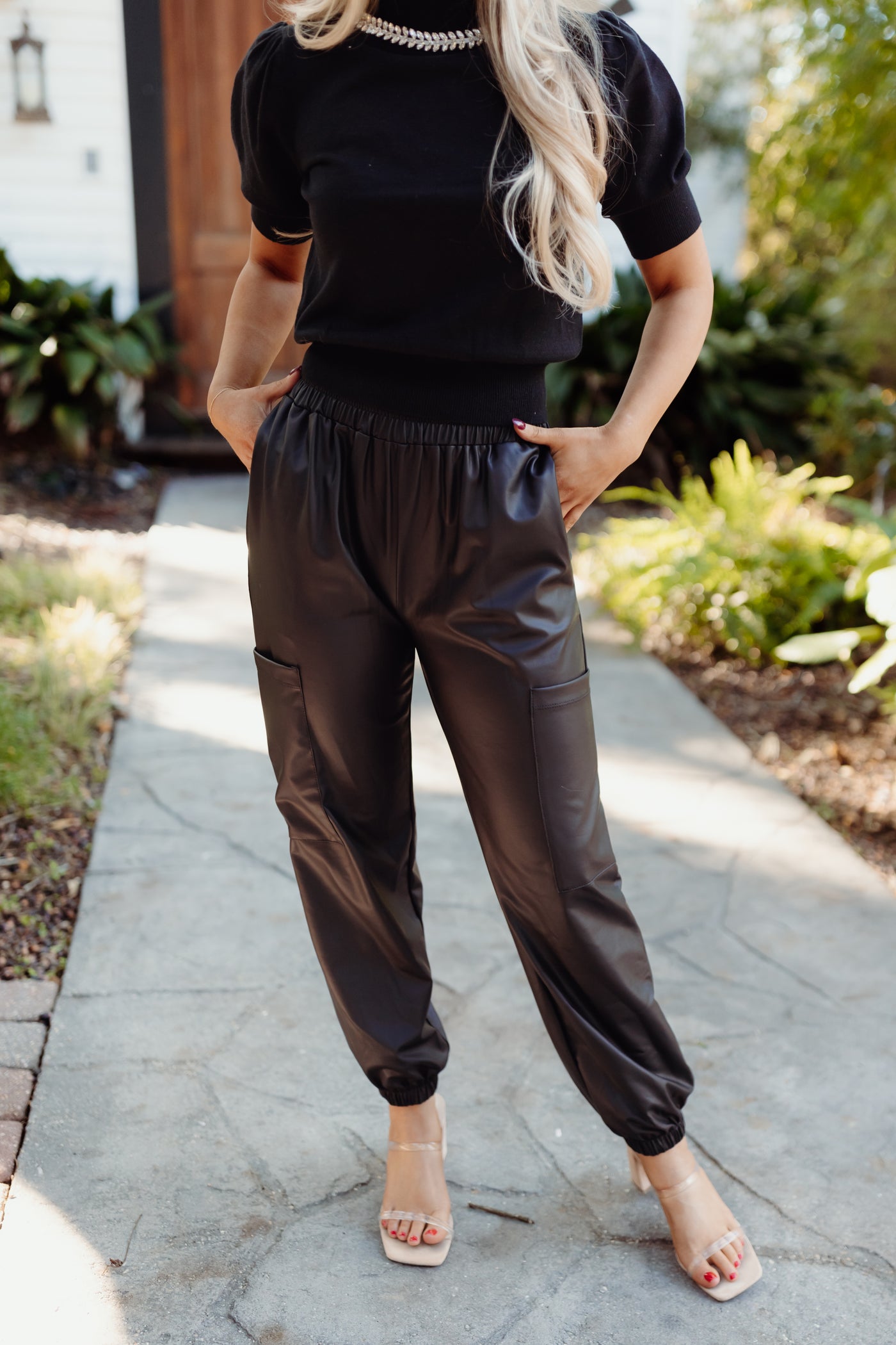 Black Faux Leather Pocket Joggers