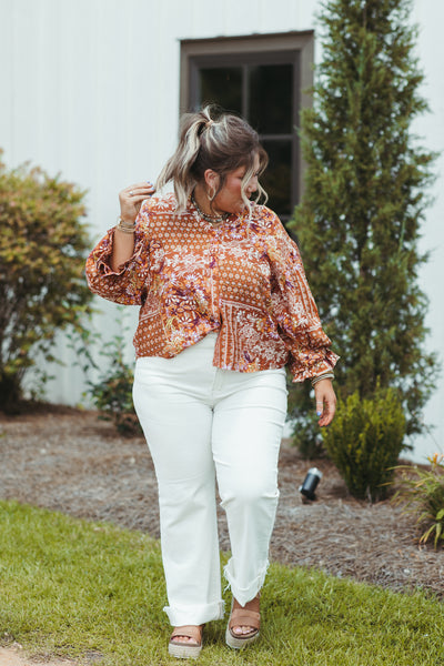 Brown Multi Printed Button Down Blouse