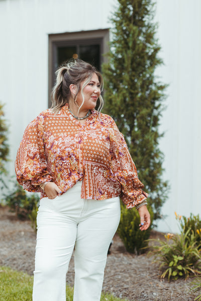 Brown Multi Printed Button Down Blouse