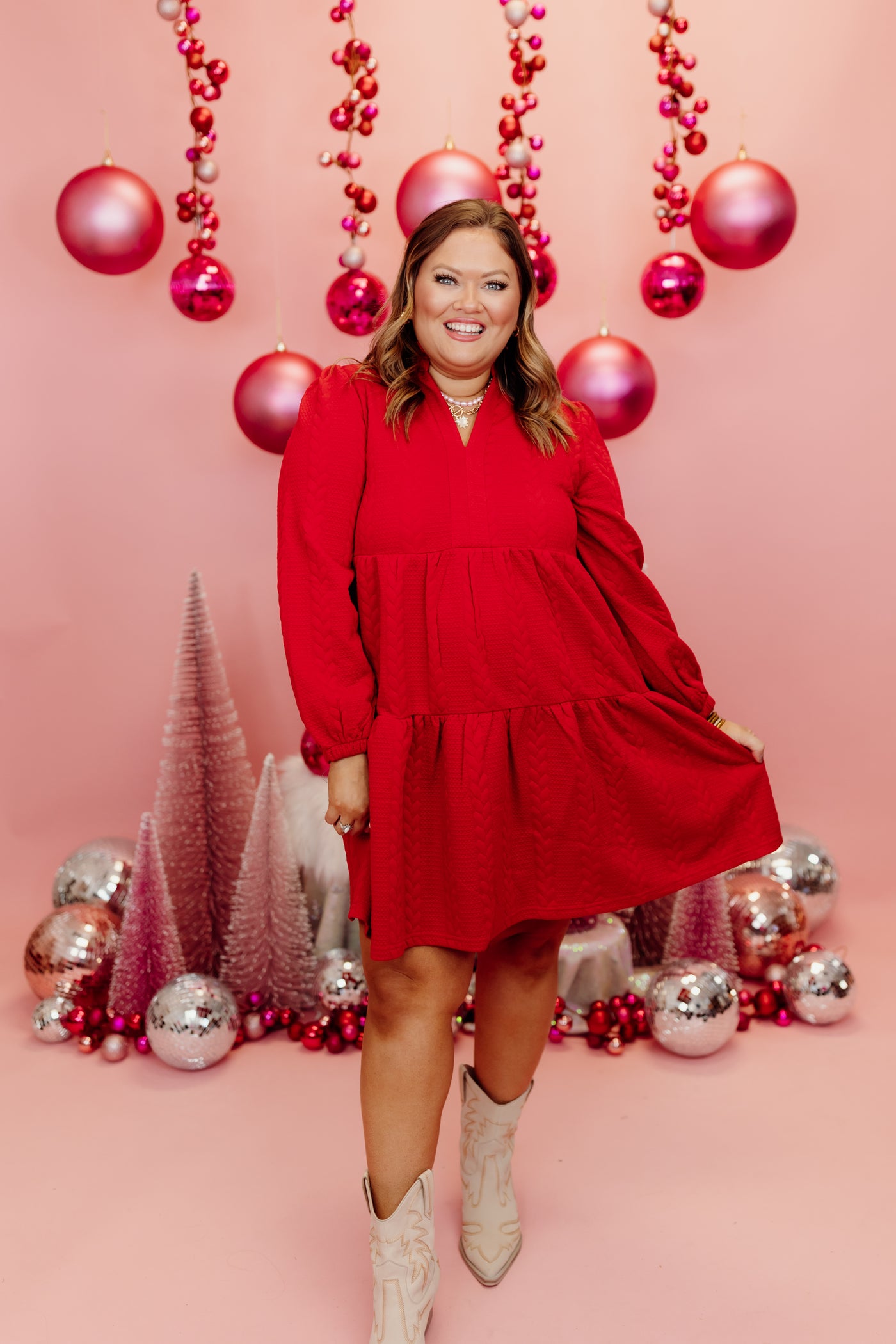 Red Textured Tiered Knit Mini Dress