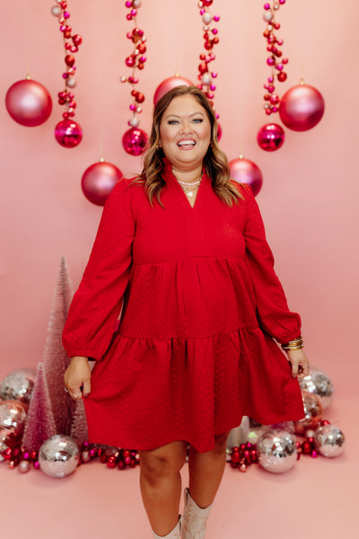 Red Textured Tiered Knit Mini Dress