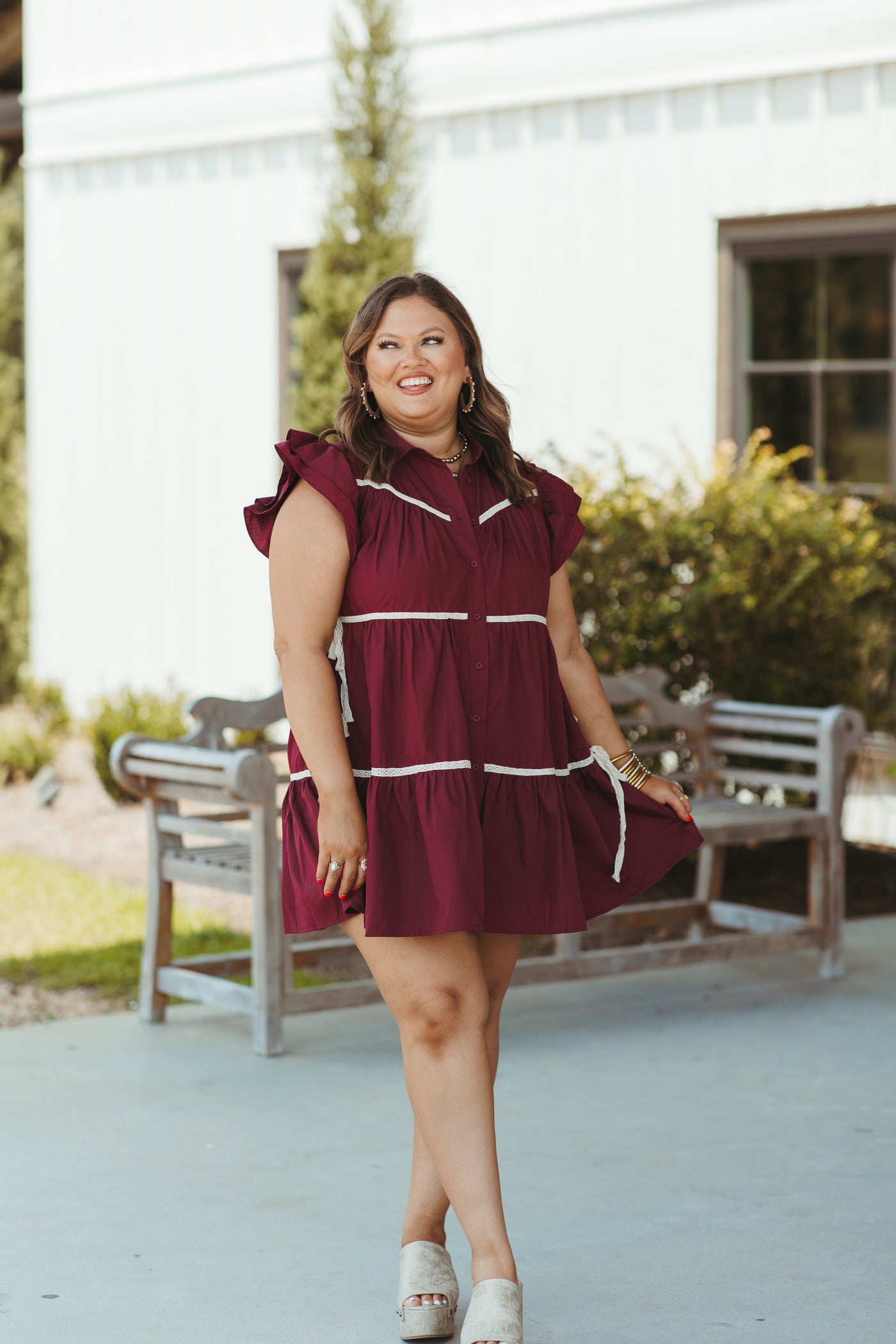 Merlot Tiered Flutter Sleeve Button Down Dress