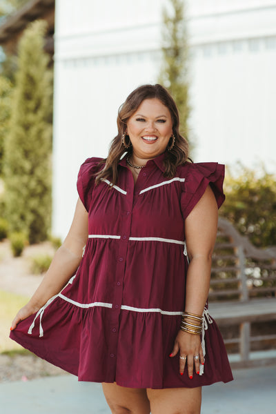 Merlot Tiered Flutter Sleeve Button Down Dress