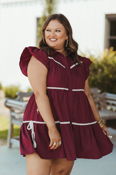 Merlot Tiered Flutter Sleeve Button Down Dress