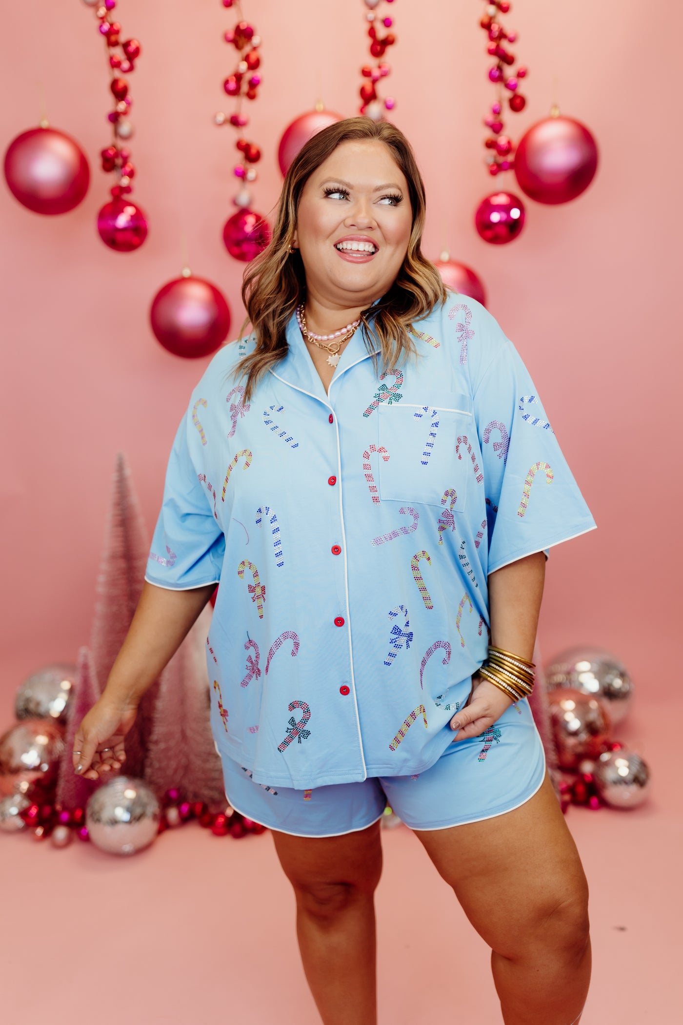 Queen of Sparkles Aqua Multi Candy Cane Pajama Top