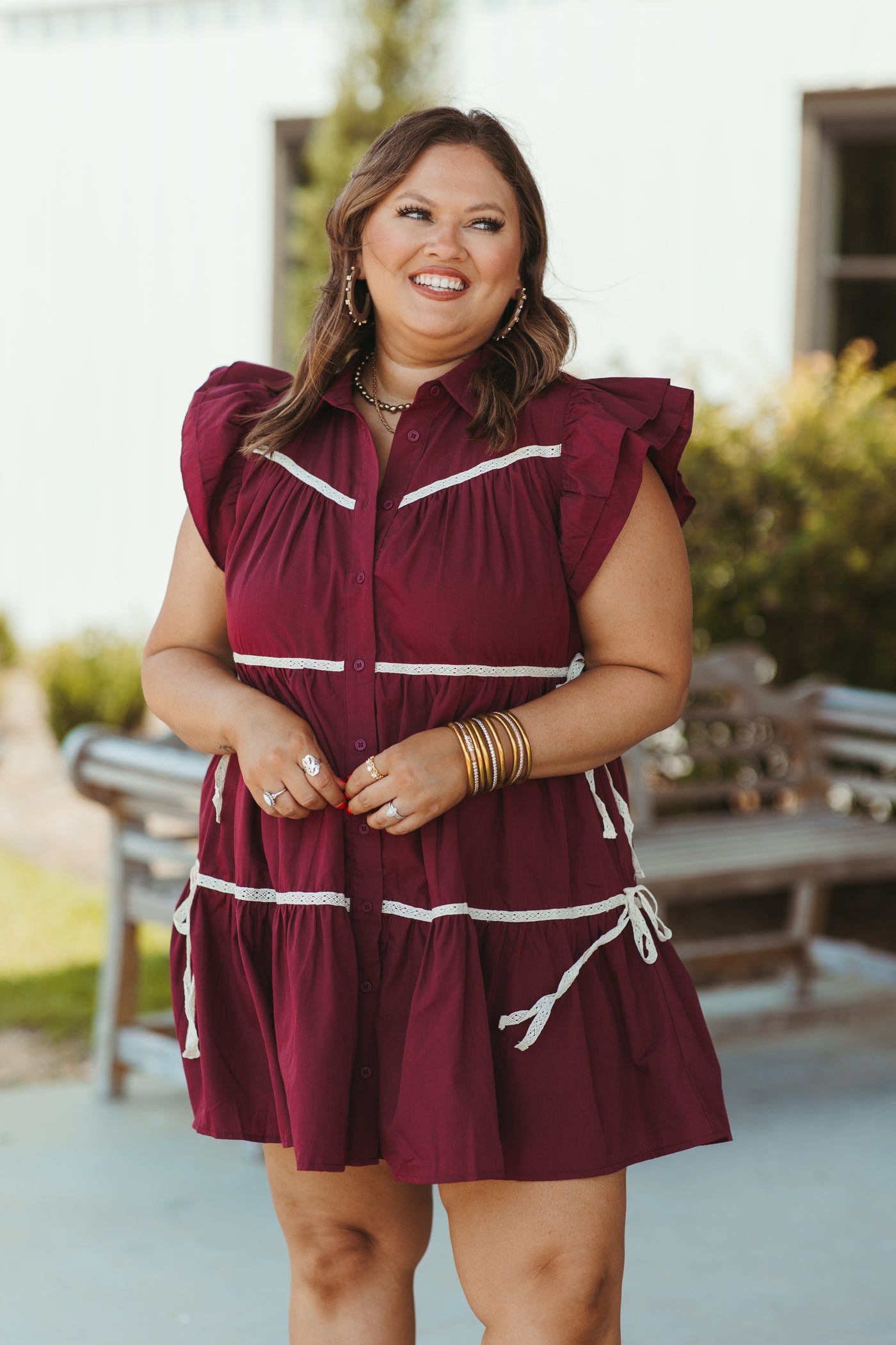 Merlot Tiered Flutter Sleeve Button Down Dress