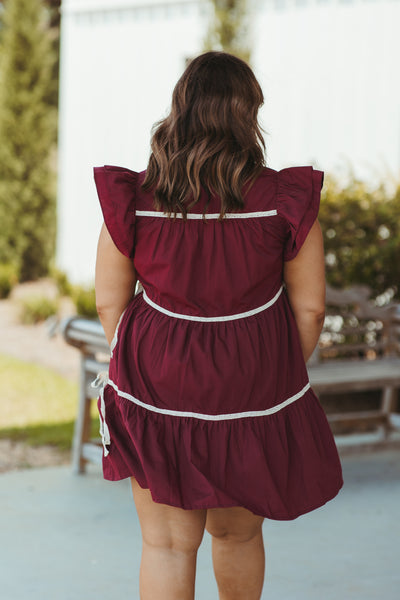 Merlot Tiered Flutter Sleeve Button Down Dress