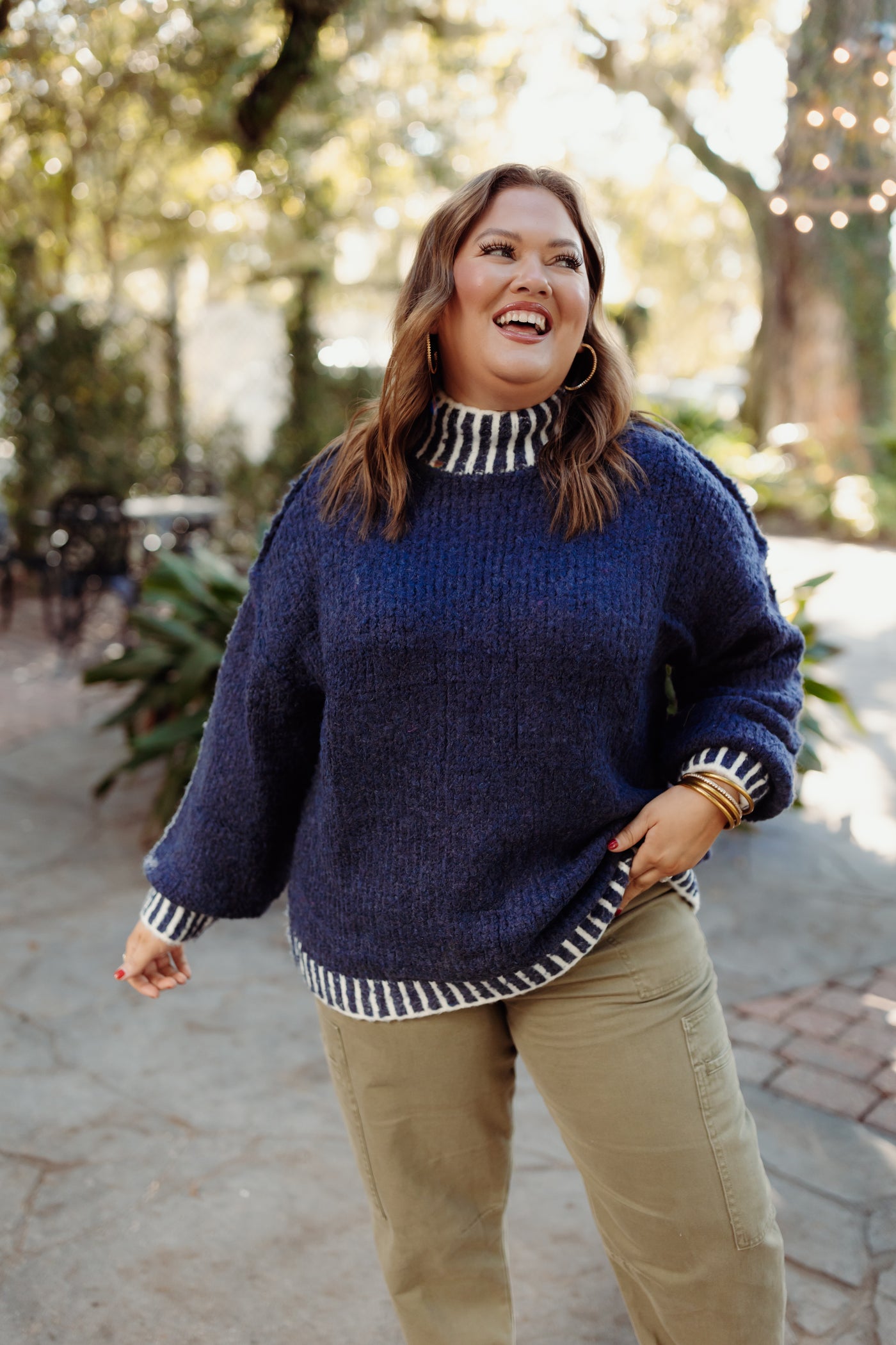 Navy Mock Neck Balloon Sleeve Sweater