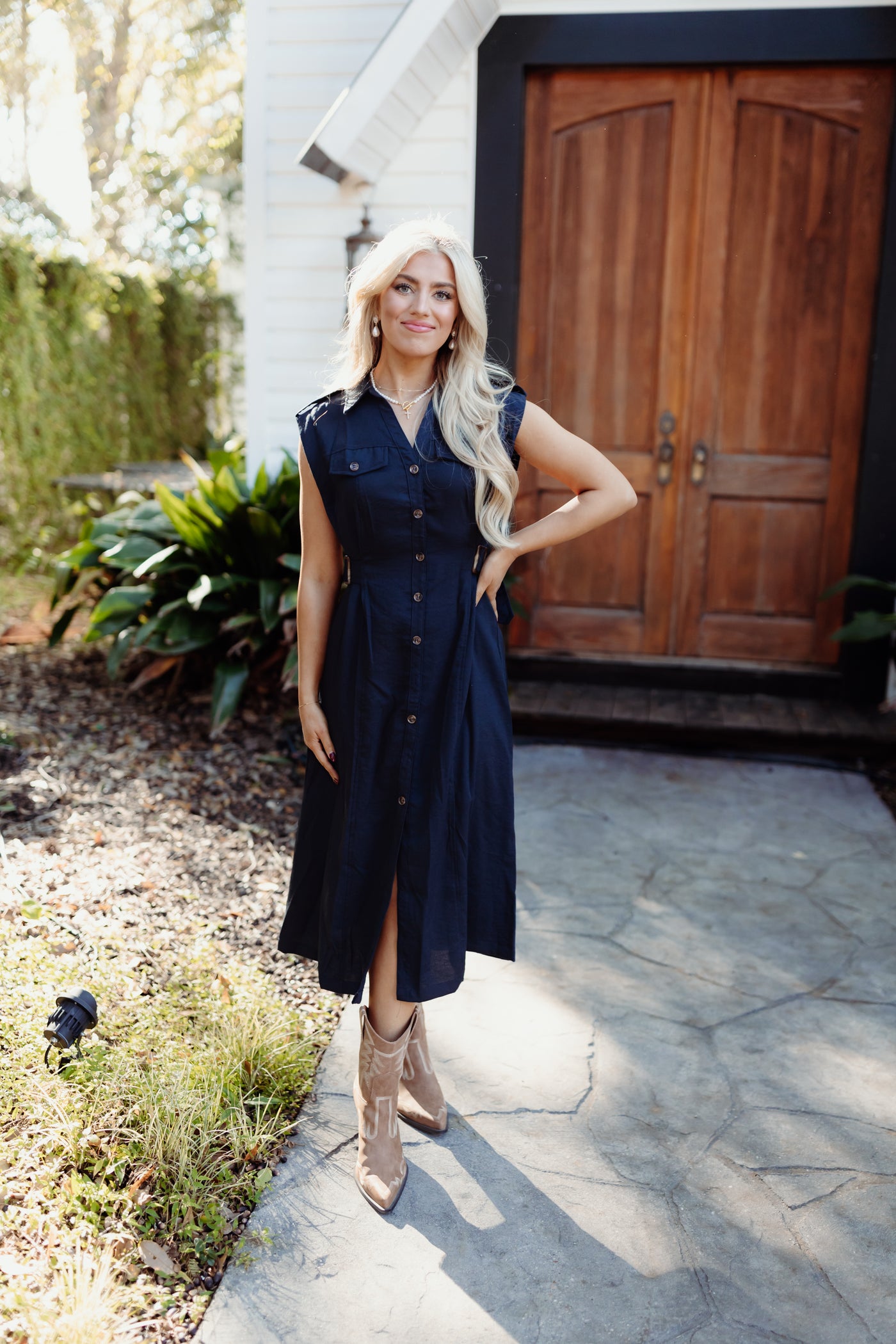 Midnight Sleeveless Button Down Midi Dress