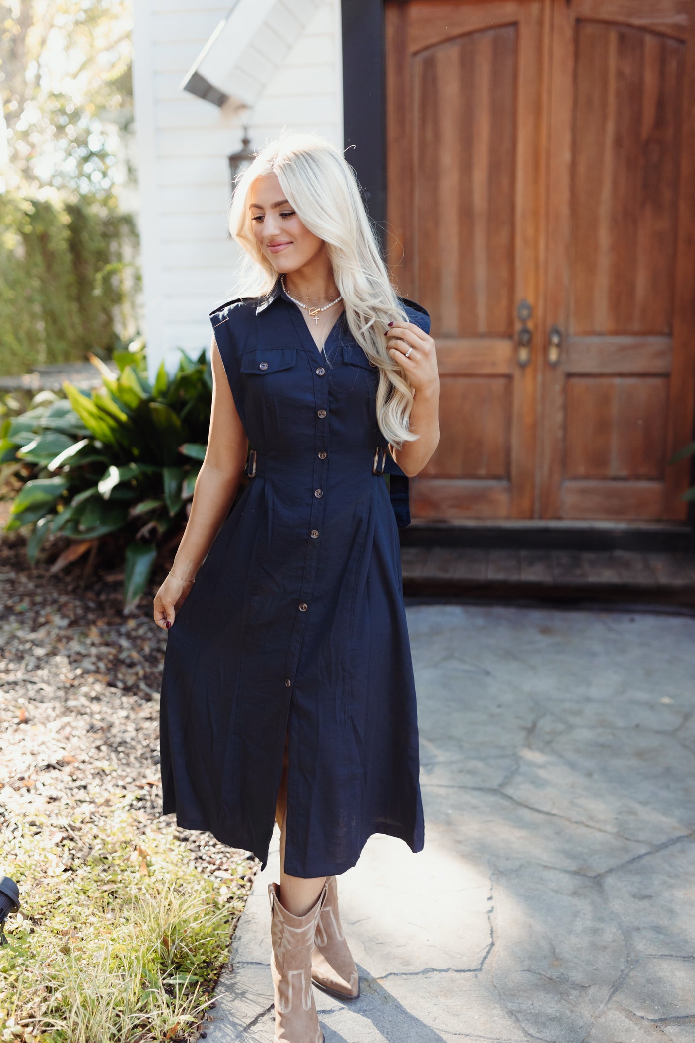 Midnight Sleeveless Button Down Midi Dress