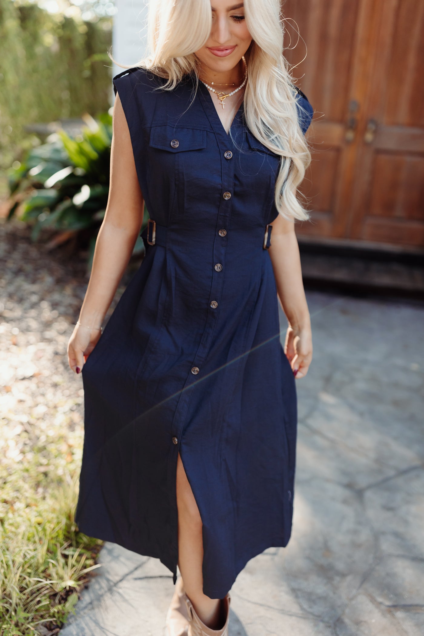 Midnight Sleeveless Button Down Midi Dress