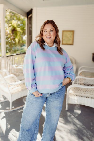 Lilac and Blue Striped French Terry Pullover