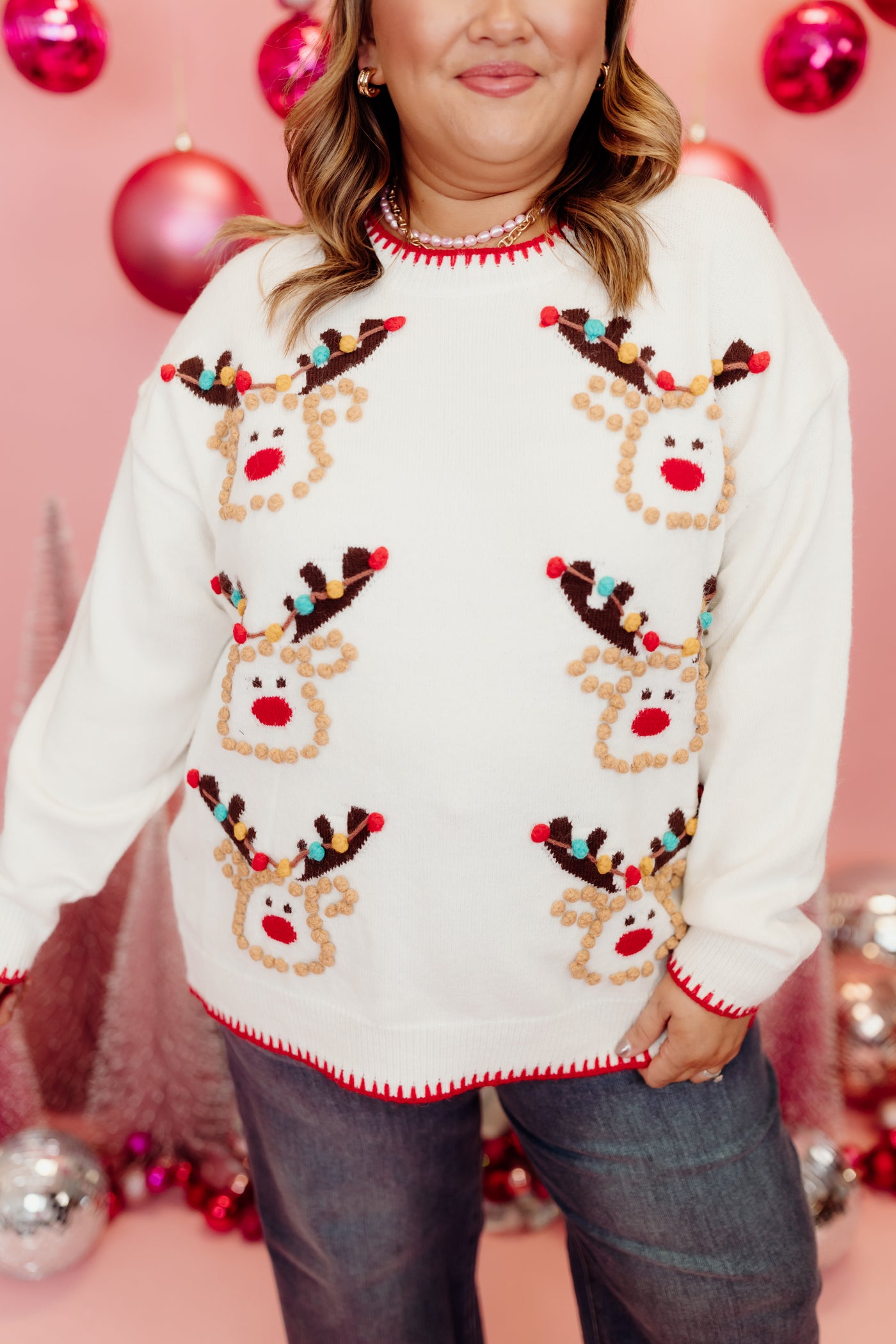 Ivory Pom Pom Detail Reindeer Sweater