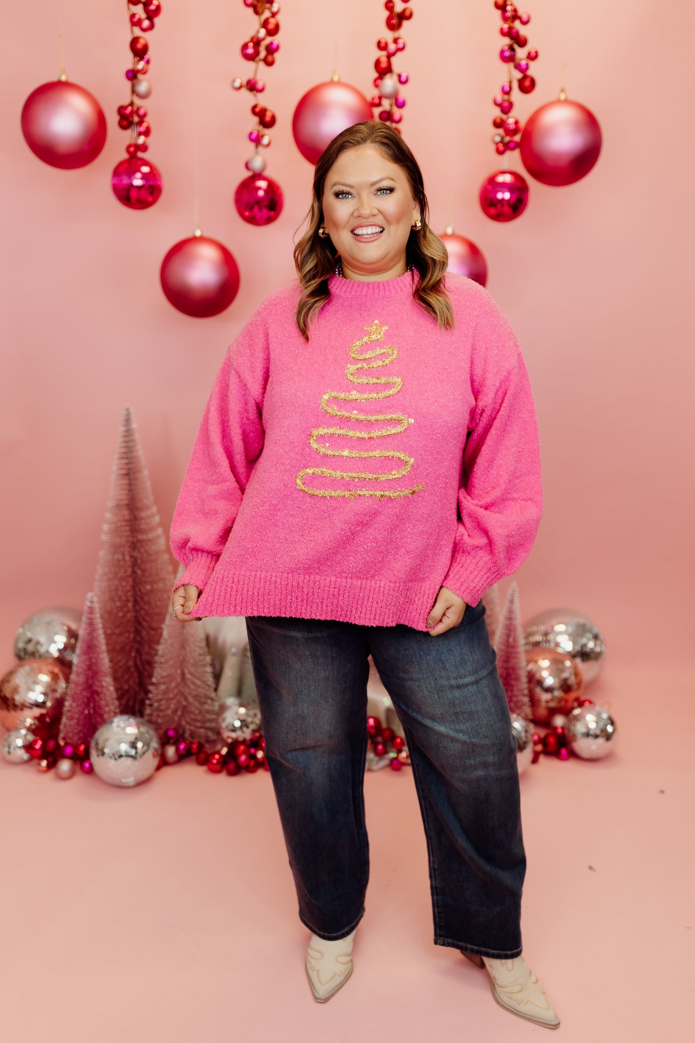 Pink Christmas Tree Threaded Oversized Sweater