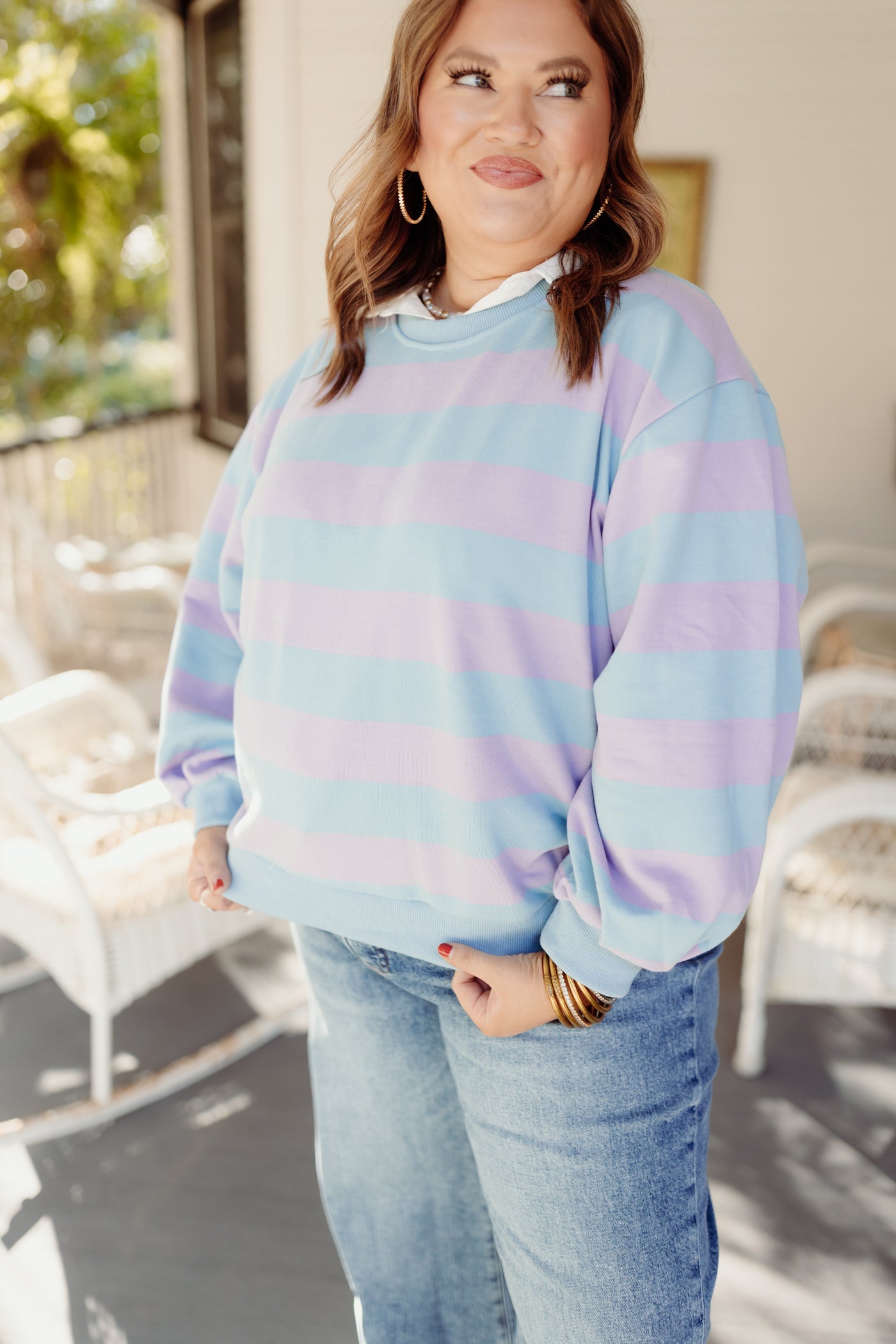 Lilac and Blue Striped French Terry Pullover