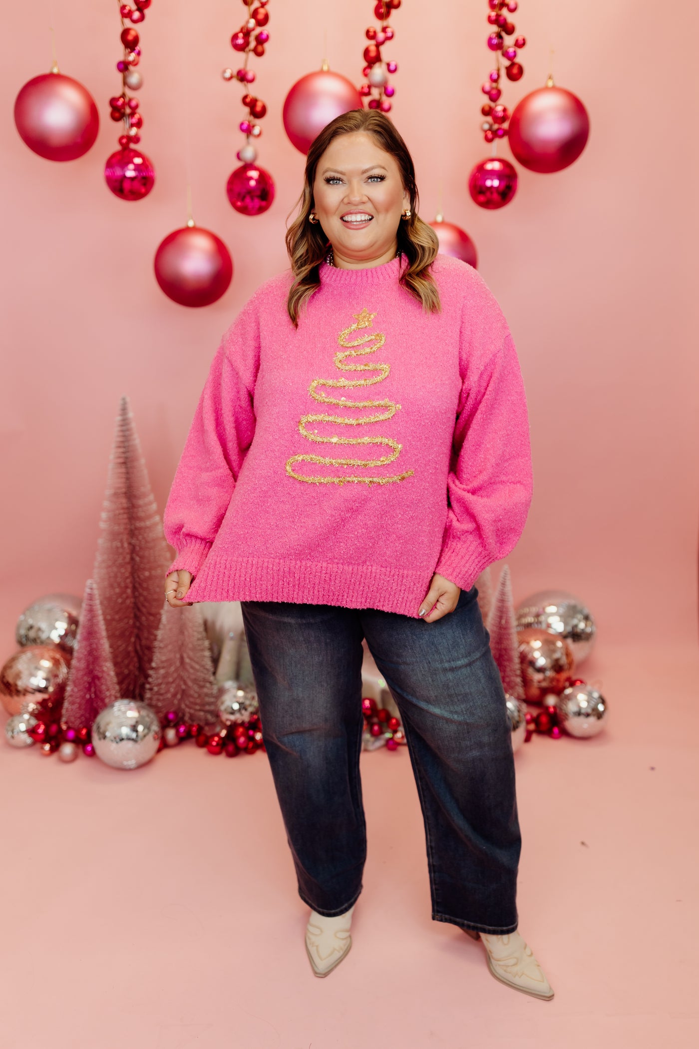 Pink Christmas Tree Threaded Oversized Sweater