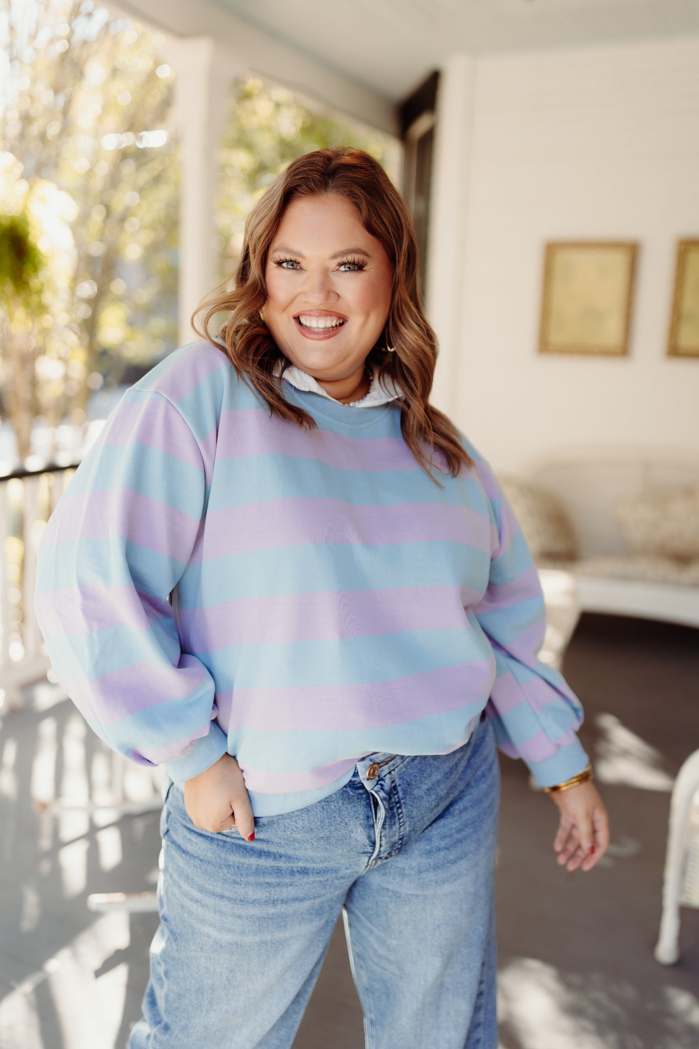 Lilac and Blue Striped French Terry Pullover