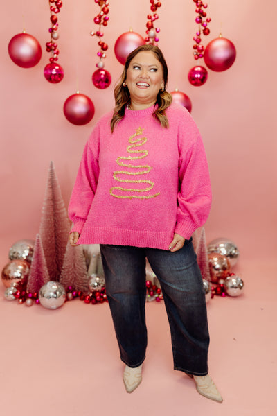 Pink Christmas Tree Threaded Oversized Sweater