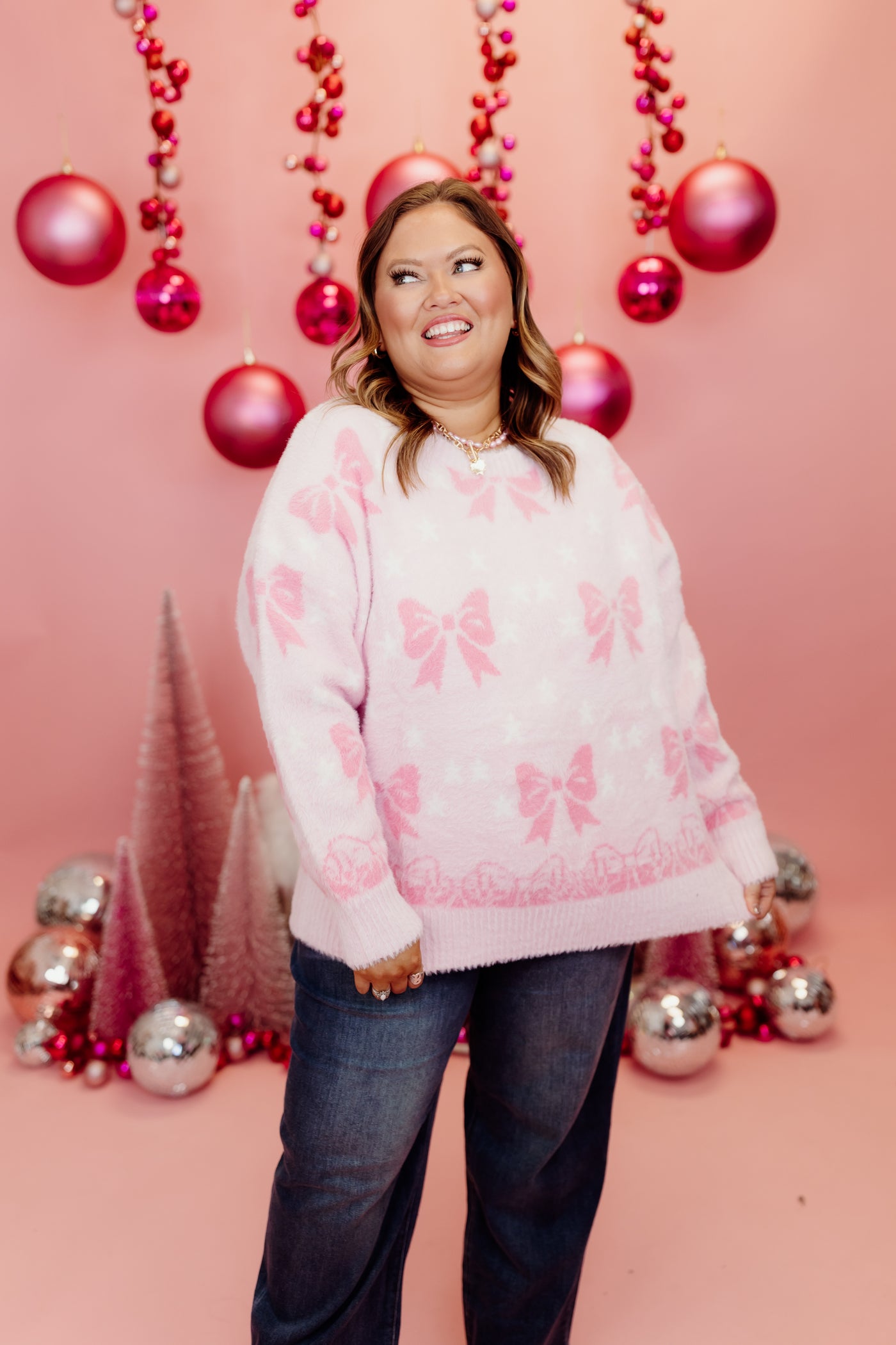 Light Pink Bow Detail Mohair Sweater