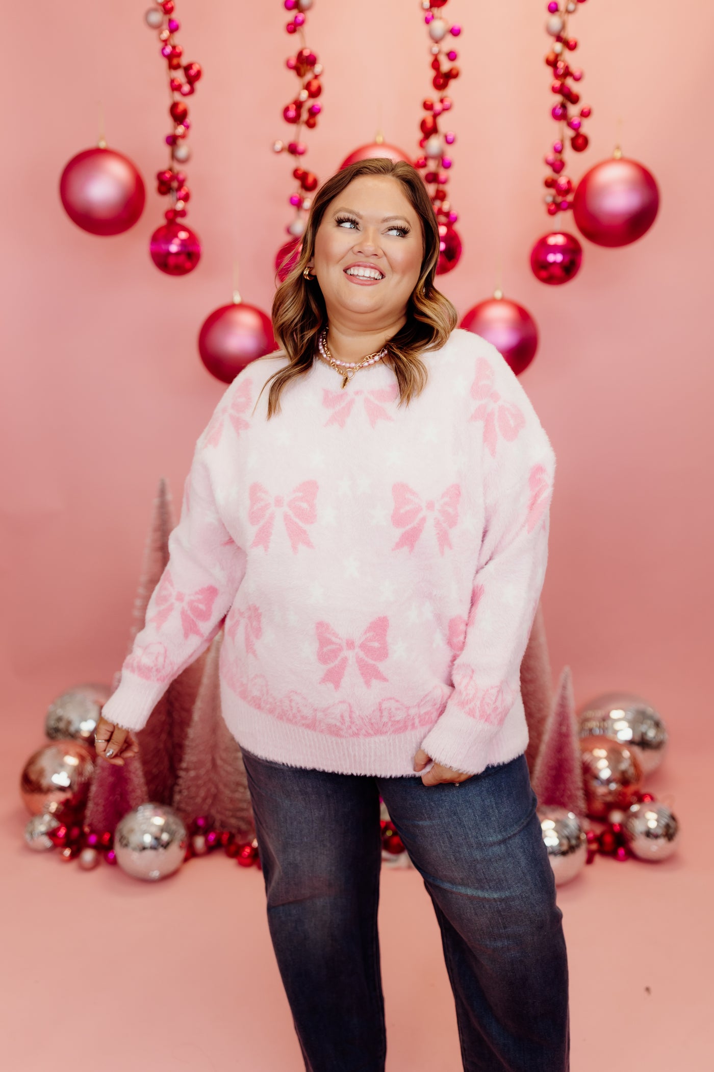 Light Pink Bow Detail Mohair Sweater