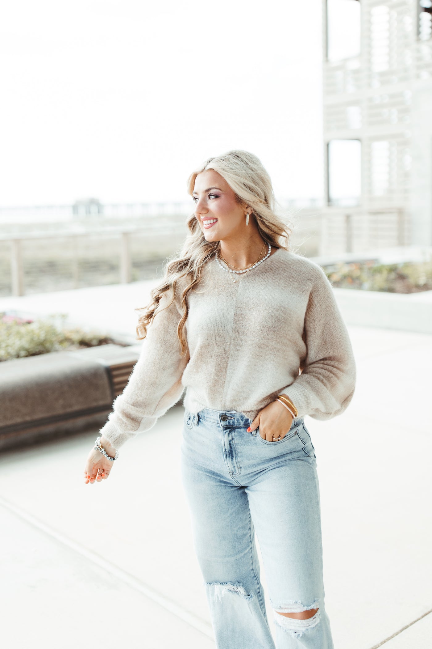 Mocha Mix V-Neck Fuzzy Sweater