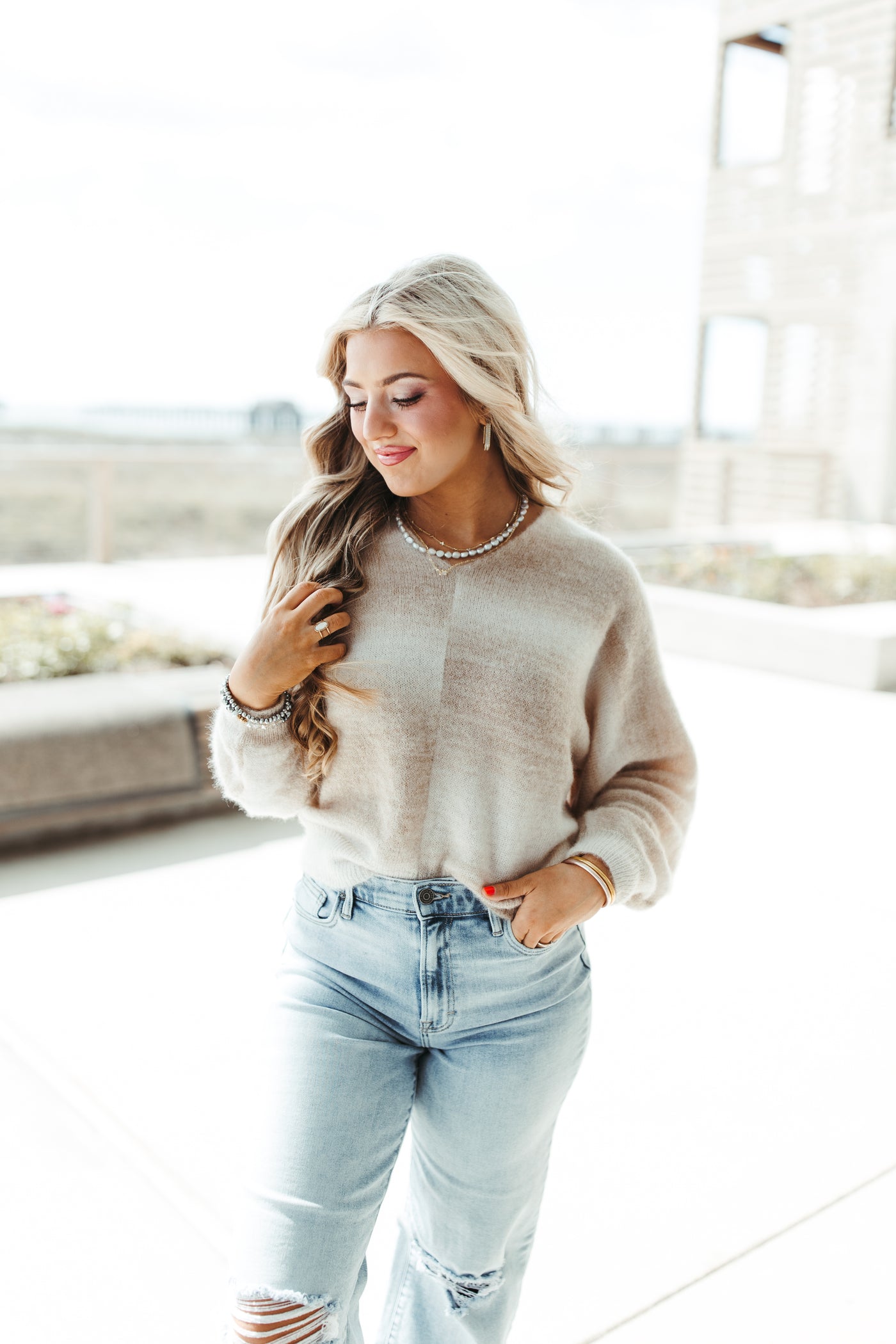 Mocha Mix V-Neck Fuzzy Sweater