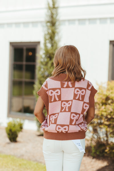 Brown/Light Pink Checkered Bow Detail Sleeveless Sweater