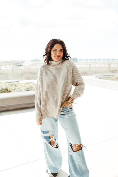 Oatmeal Ribbed Turtleneck Sweater