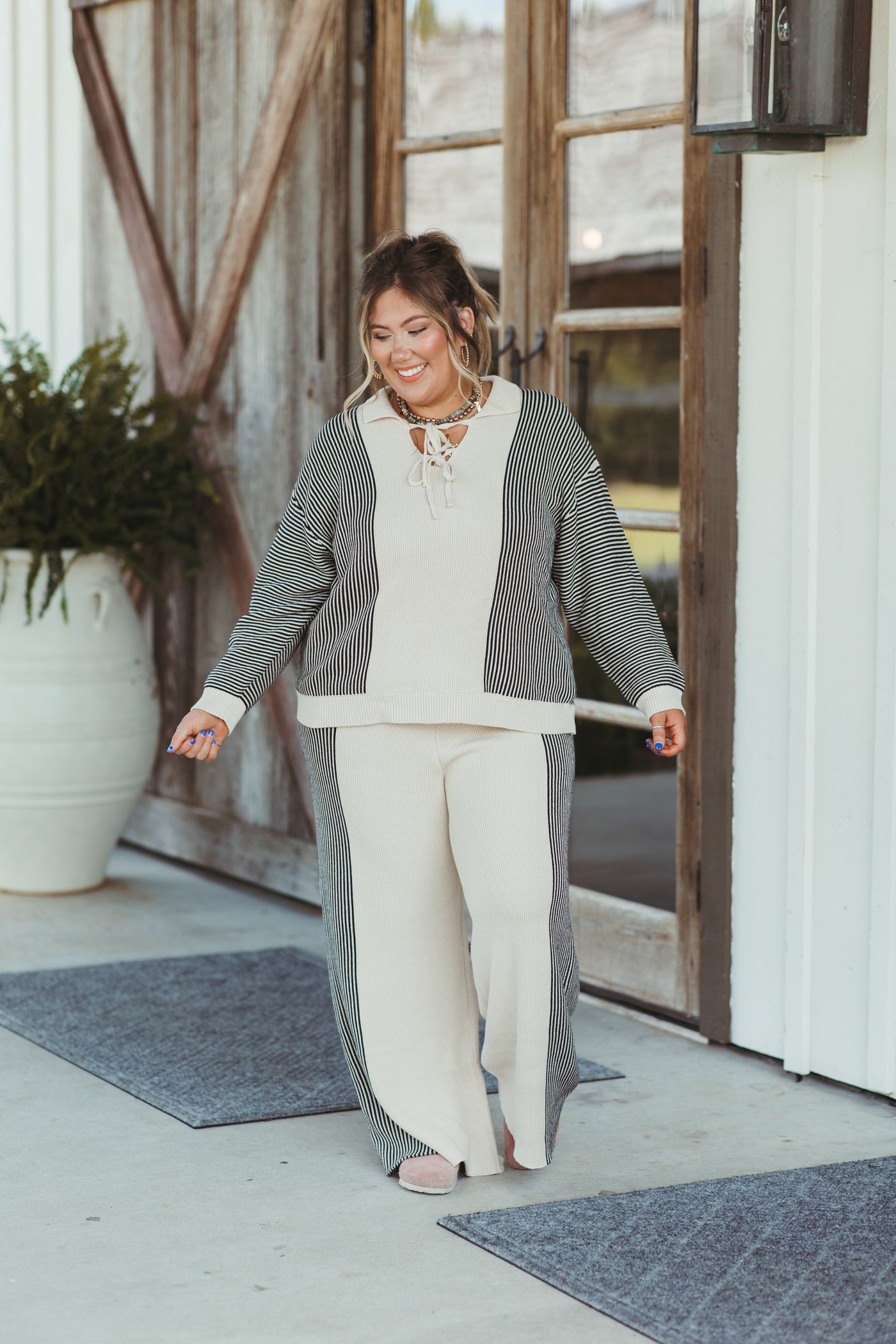 Oatmeal and Black Striped Sweater and Pant Set