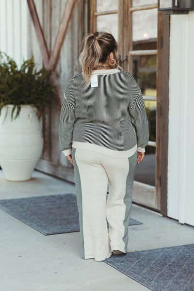 Oatmeal and Black Striped Sweater and Pant Set