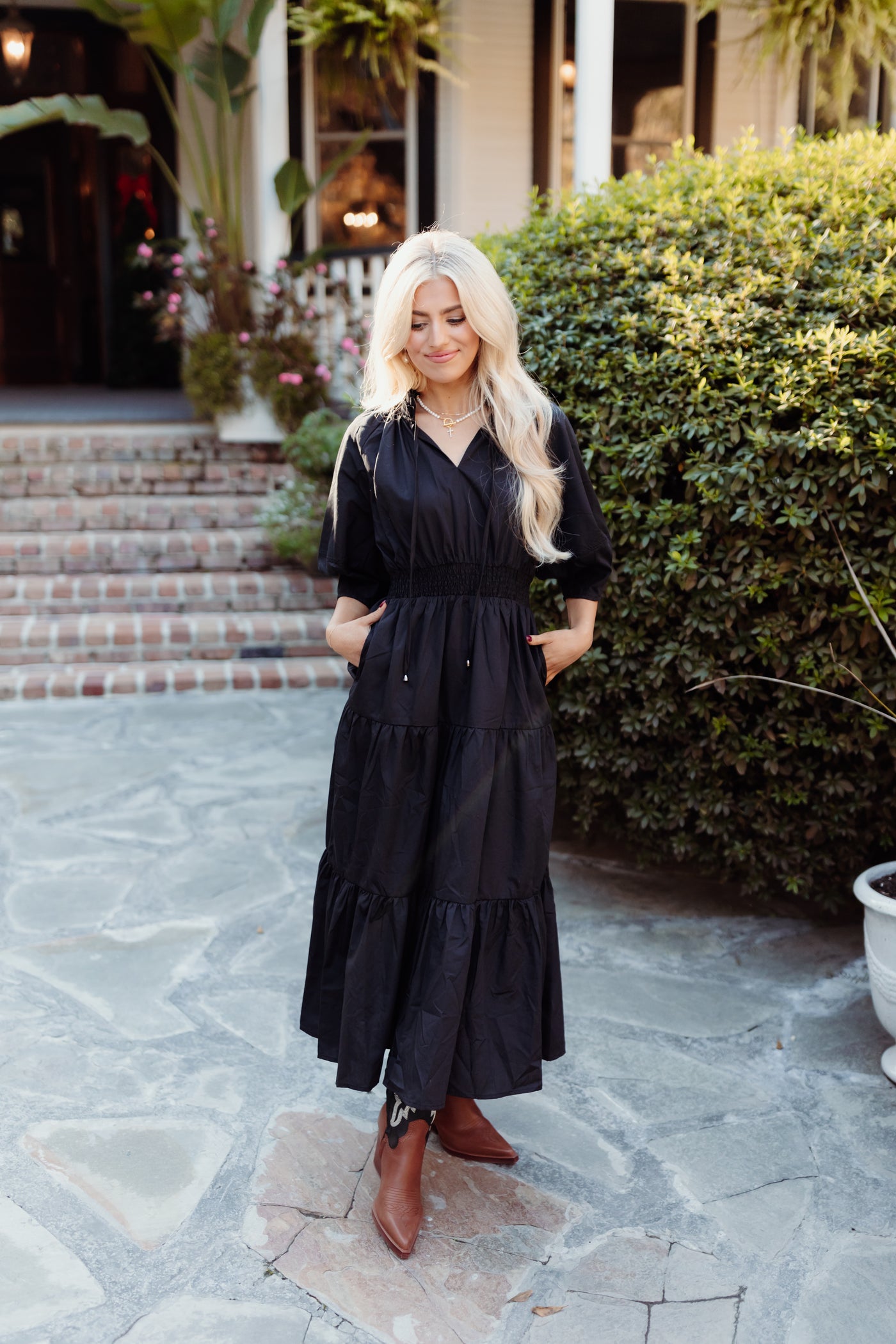 Black Notch Neck Half Sleeve Tiered Midi Dress