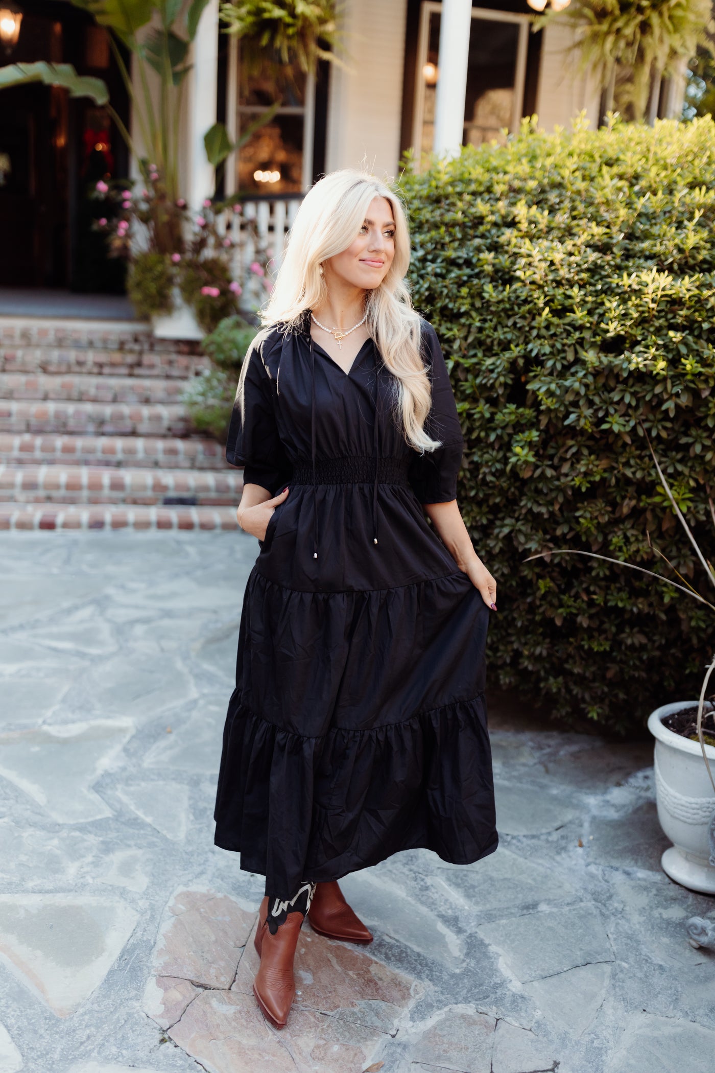 Black Notch Neck Half Sleeve Tiered Midi Dress