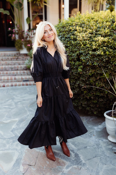 Black Notch Neck Half Sleeve Tiered Midi Dress