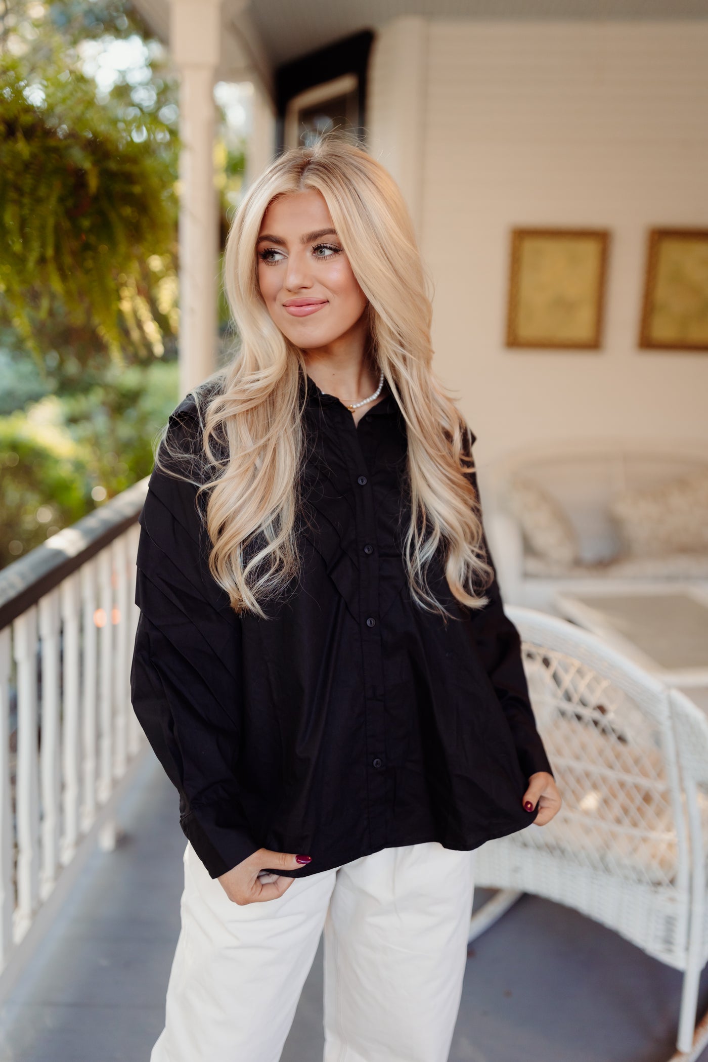 Black Pleated Detail Long Sleeve Blouse