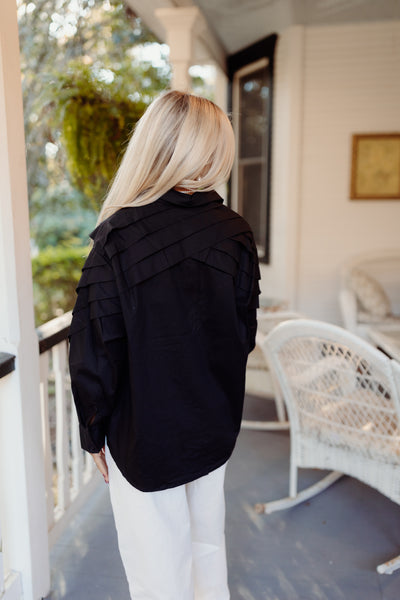 Black Pleated Detail Long Sleeve Blouse