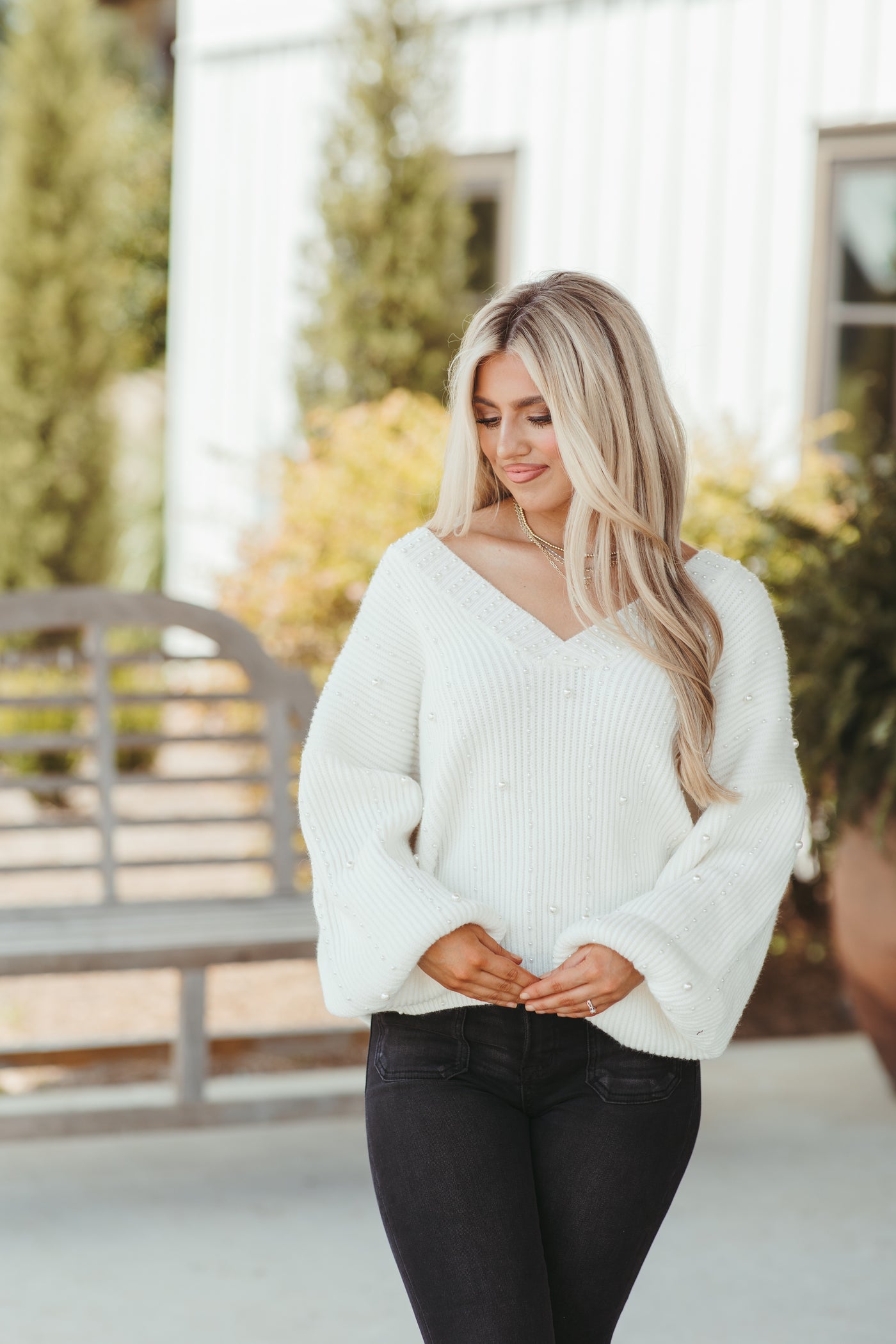 Ivory V-Neck Long Sleeve Pearl Trim Sweater